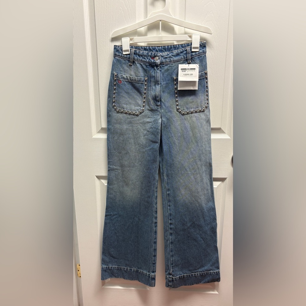 Victoria Beckham Alina Jean Wide Leg Mid Vintage Wash Studded Denim - Picture 4 of 9